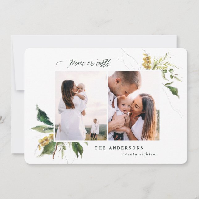 Peace on earth floral botanical elegant two photo  holiday card (Front)