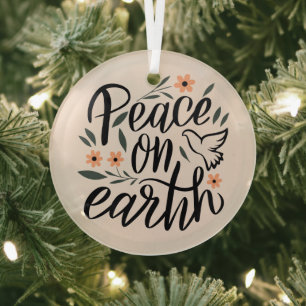Peace on Earth Floral Design Glass Ornament