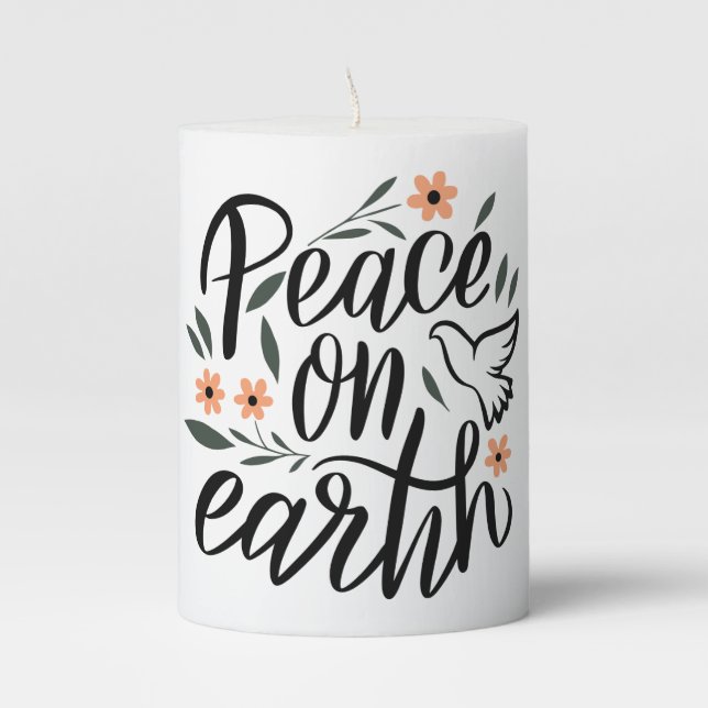 Peace on Earth Floral Design Pillar Candle (Front)