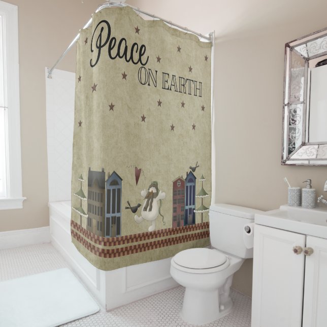 Peace on Earth -Folk Art Snowman Village Shower Curtain (In Situ)