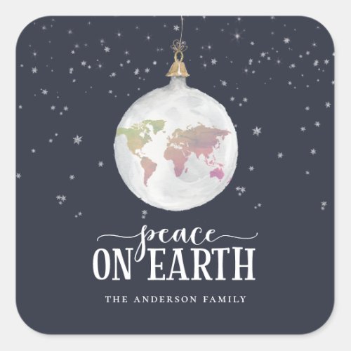 Peace on Earth Globe Ornament Blue Holiday Square Sticker