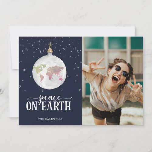 Peace on Earth Globe Ornament Blue Photo Holiday Card