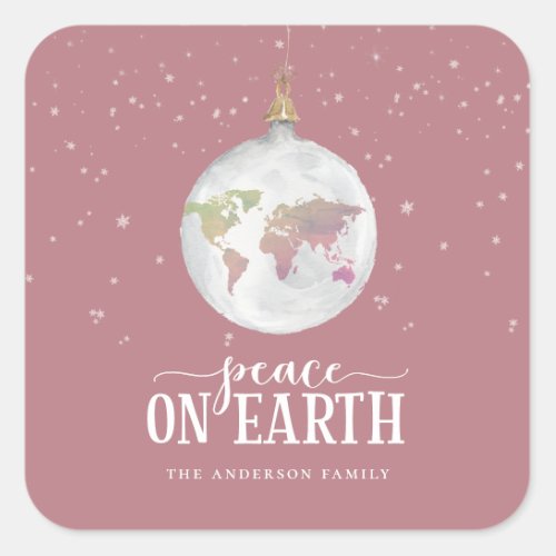 Peace on Earth Globe Ornament Dusty Rose Holiday Square Sticker