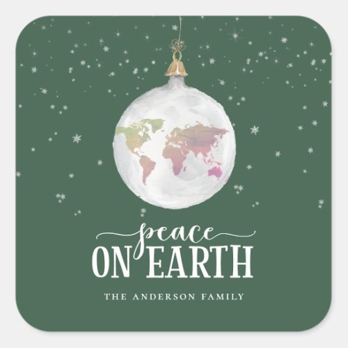 Peace on Earth Globe Ornament Green Holiday Square Sticker