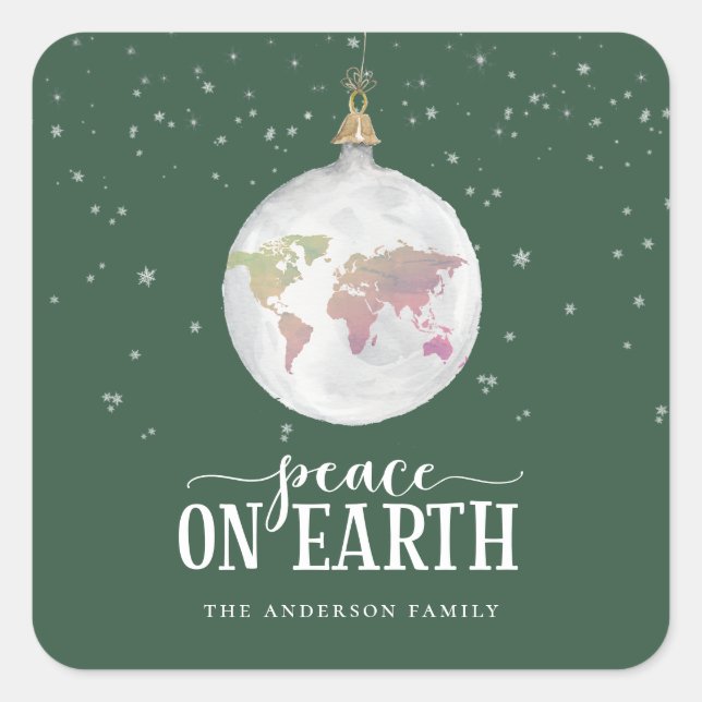 Peace on Earth Globe Ornament Green Holiday Square Sticker (Front)