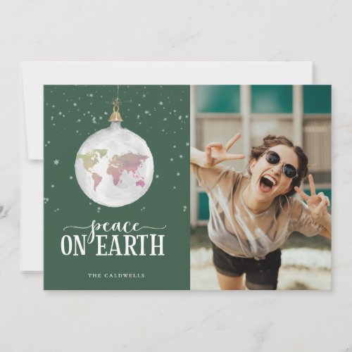 Peace on Earth Globe Ornament Green Photo Holiday Card