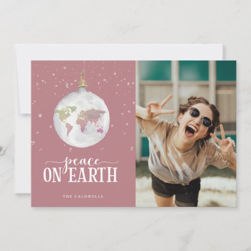 Peace on Earth Globe Ornament Mauve Photo Holiday Card