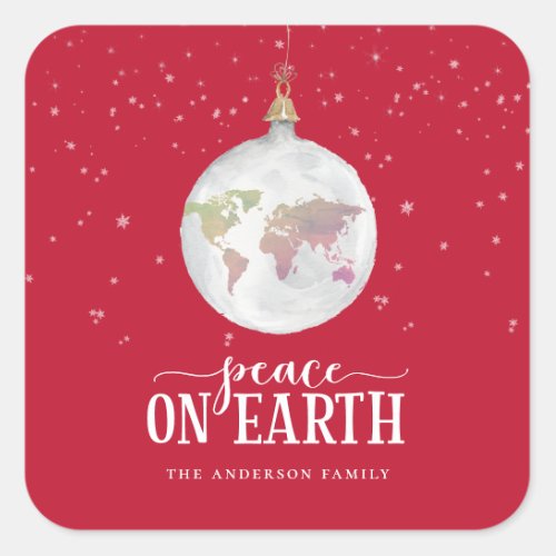 Peace on Earth Globe Ornament Red Holiday Square Sticker