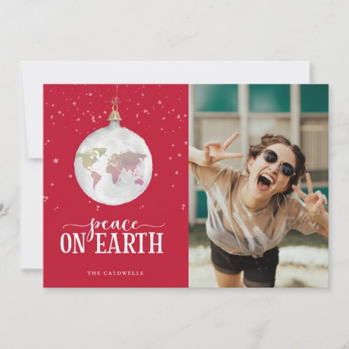 Peace on Earth Globe Ornament Red Photo Holiday Card