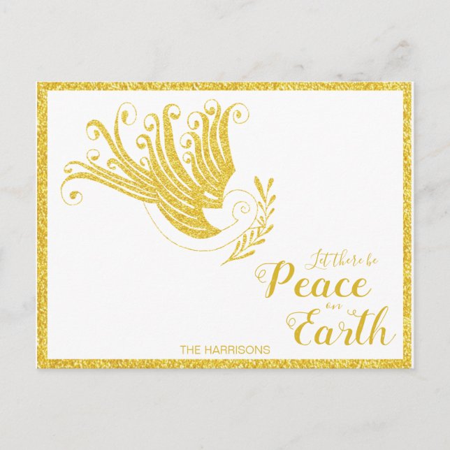 Peace on Earth Gold Dove White Christmas Holiday Postcard (Front)