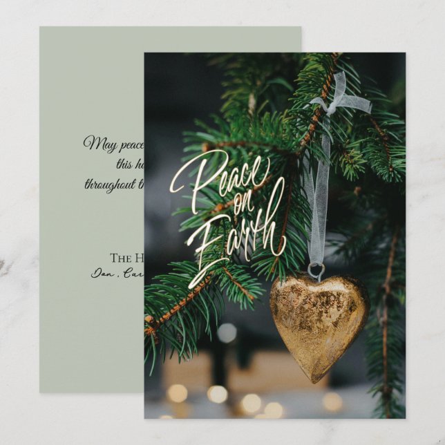 Peace on Earth Gold Heart Christmas Tree Ornament Holiday Card (Front/Back)