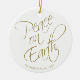 Peace On Earth Gold Script Christmas Photo Ceramic Ornament