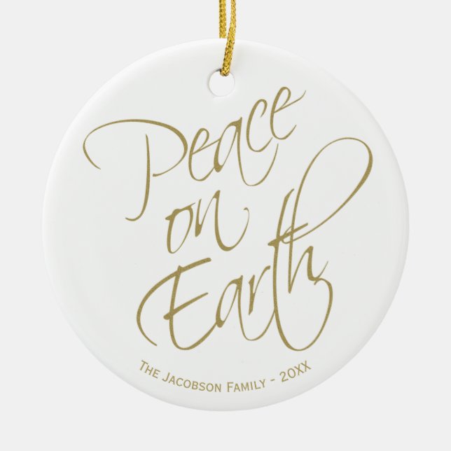Peace On Earth Gold Script Christmas Photo Ceramic Ornament (Front)