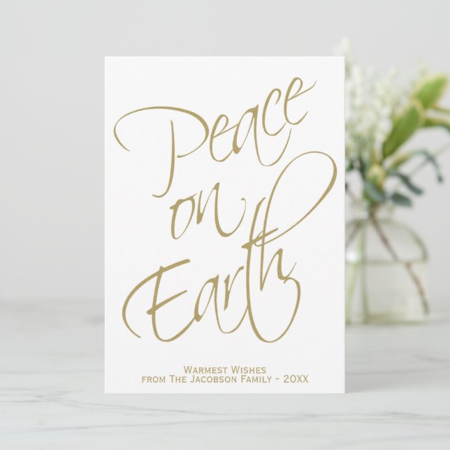 Peace on Earth Gold Script Typography Photo Holiday Card (Standing Front)