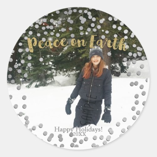 Peace on Earth Gold Silver Holiday Christmas Photo Classic Round Sticker