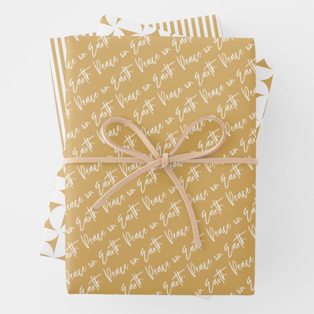Peace on Earth Golden Christmas Wrapping Paper Sheets (In situ)