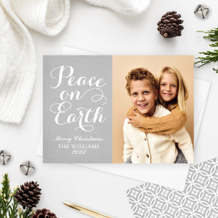 Peace on Earth Gray Script Photo Holiday Card