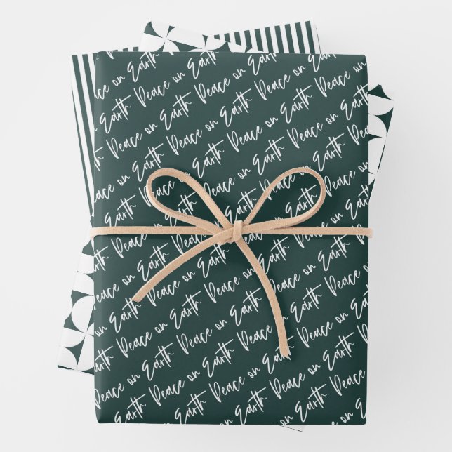 Peace on Earth Green Christmas Wrapping Paper Sheets (In situ)