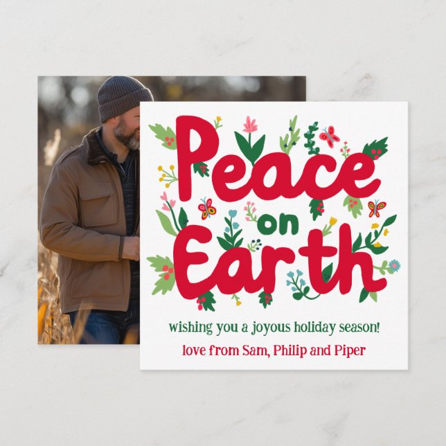 PEACE ON EARTH Hand-Drawn CUSTOM PHOTO  Holiday Card (Front/Back)