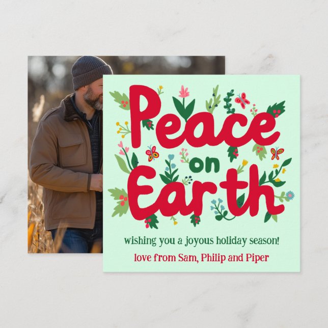 PEACE ON EARTH Hand-Drawn CUSTOM PHOTO  Holiday Card (Front/Back)