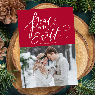 Peace On Earth Hand-Lettered Script Red Photo Holiday Card