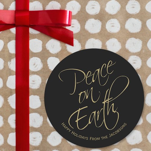 Peace on Earth Happy Holidays Elegant Black  Gold Classic Round Sticker