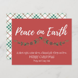 Peace on Earth Holly Red Plaid Religious Holiday Card