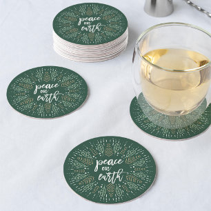Peace on Earth Hunter Green Holiday Round Paper Coaster