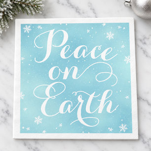 Peace on Earth Ice Blue Calligraphy Snowflake Napkins