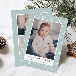 Peace On Earth Ice Blue Snowflake 3 Photo Holiday Card
