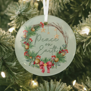 Peace on Earth in Christmas Wreath Glass Ornament