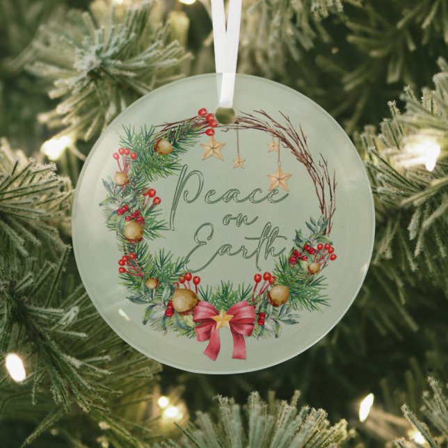 Peace on Earth in Christmas Wreath Glass Ornament (Insitu)