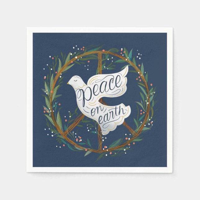 Peace on Earth Lettering Dove Holiday Party Napkins (Front)