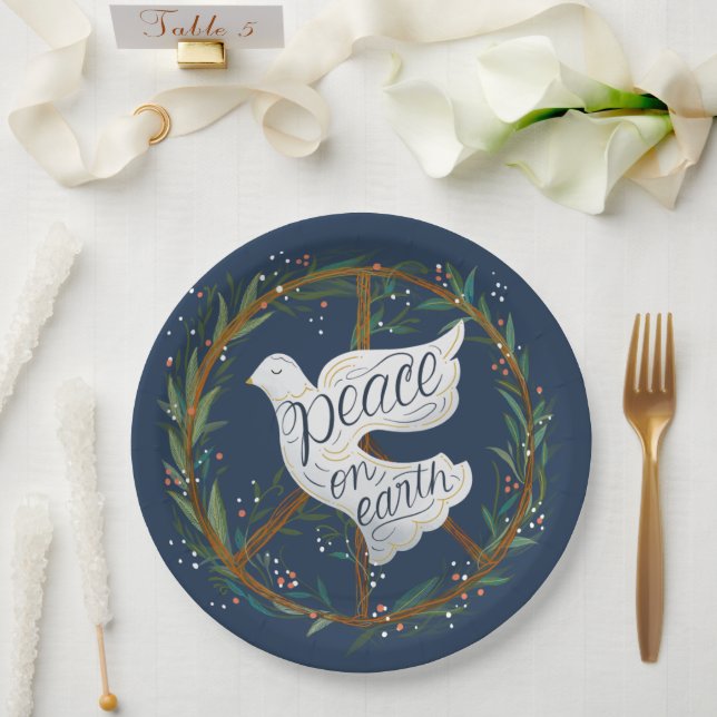 Peace on Earth Lettering Dove Holiday Party Paper Plates (Wedding)