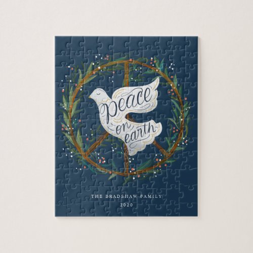Peace on Earth Lettering Dove on Peace Sign Wreath Jigsaw Puzzle