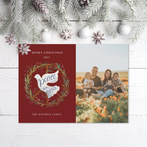 Peace on Earth Lettering Dove Peace Sign Photo Holiday Card