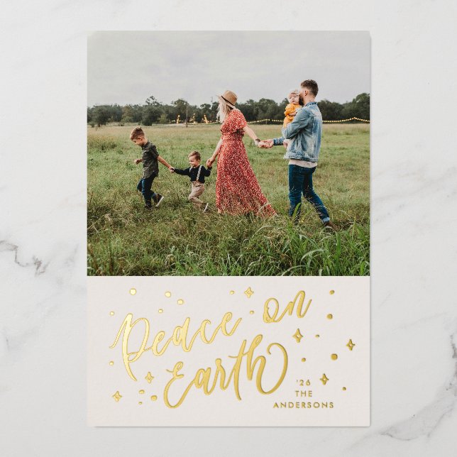 Peace on Earth Lettering Photo Gold Foil Holiday Card (Front)