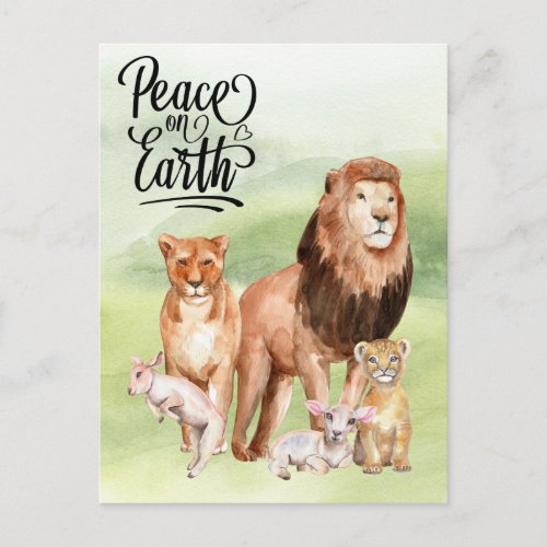 Peace on Earth Lion Lamb Cute Holiday Postcard
