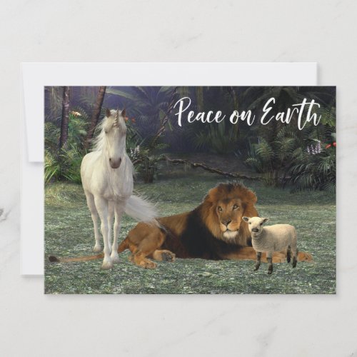 Peace on Earth Lion Lamb Unicorn Holiday Card