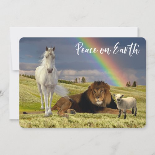 Peace on Earth Lion Lamb Unicorn Rainbow Holiday Card