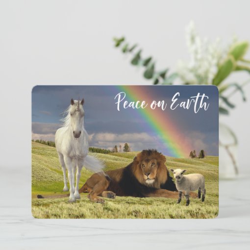 Peace on Earth Lion Lamb Unicorn Rainbow Holiday Card | Zazzle