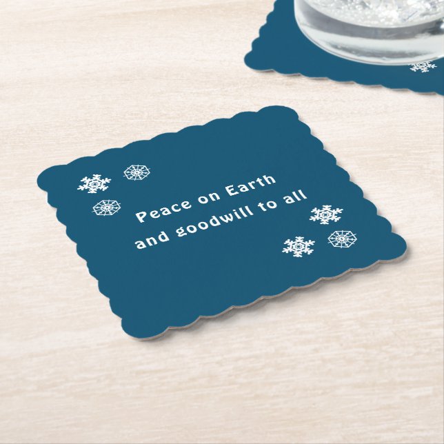 Peace on Earth Minimalist Blue Snowflake Paper Coaster (Angled)