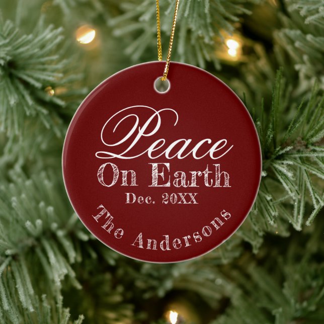 Peace On Earth Minimalist Script Christmas Red  Ceramic Ornament (Tree)