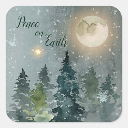 Peace on Earth Modern Watercolor Christmas Holiday Square Sticker