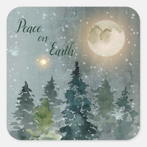 Peace on Earth Modern Watercolor Christmas Holiday Square Sticker