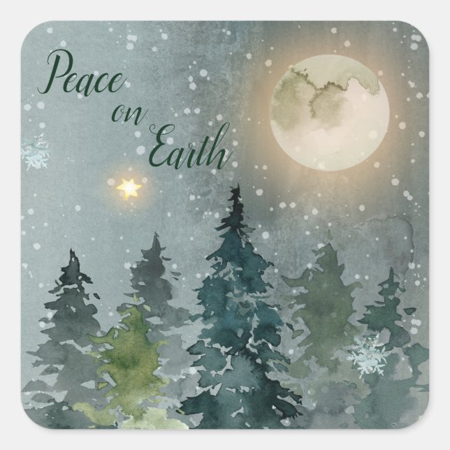 Peace on Earth Modern Watercolor Christmas Holiday Square Sticker (Front)
