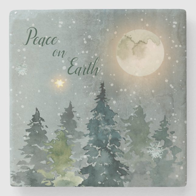 Peace on Earth Modern Watercolor Christmas Holiday Stone Coaster (Front)