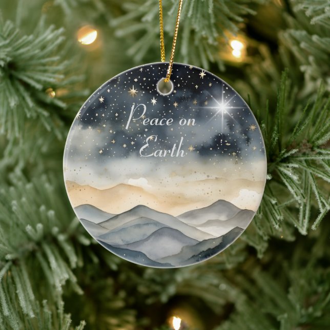 Peace on Earth Mountain Sky Star Family Name  Ceramic Ornament (Tree)