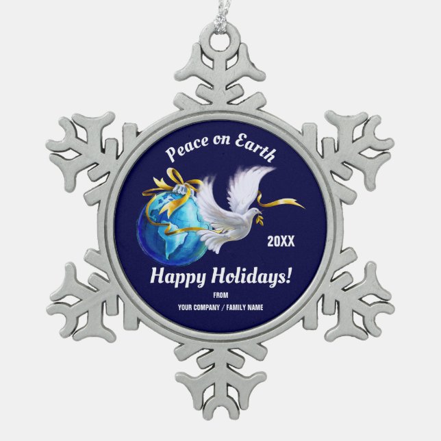 Peace on Earth. Peace Dove Custom Snowflake Pewter Christmas Ornament (Front)