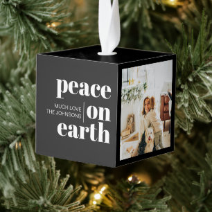 Peace On Earth Personalized Modern Black Christmas Cube Ornament